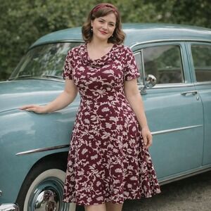 Effie's Heart Dress Womens L Burgundy Floral Cowl Neck A-Line Rockabilly Retro